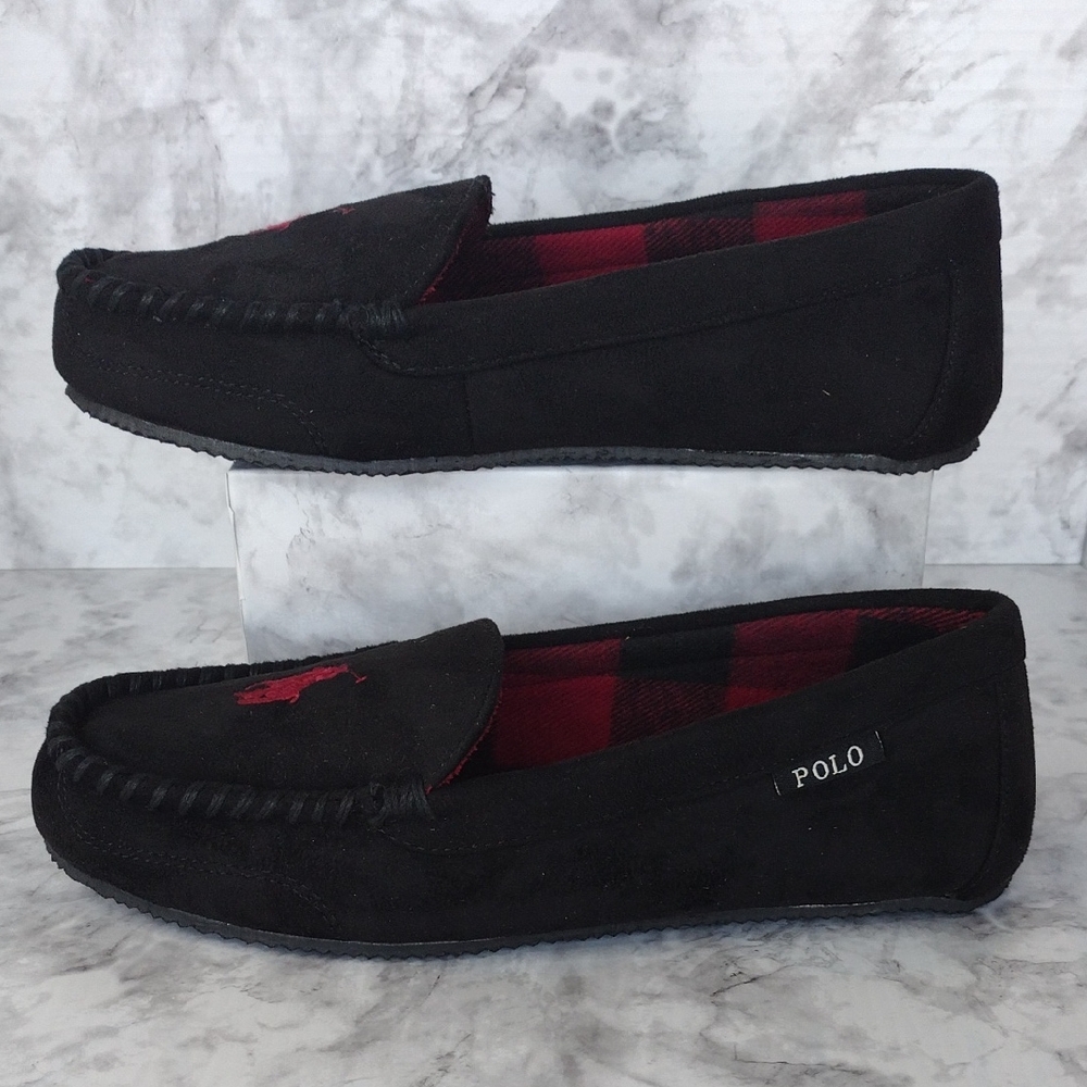 Polo by Ralph Lauren Women's 10 Memory Foam Black and Red Moccasins Suede Lounge